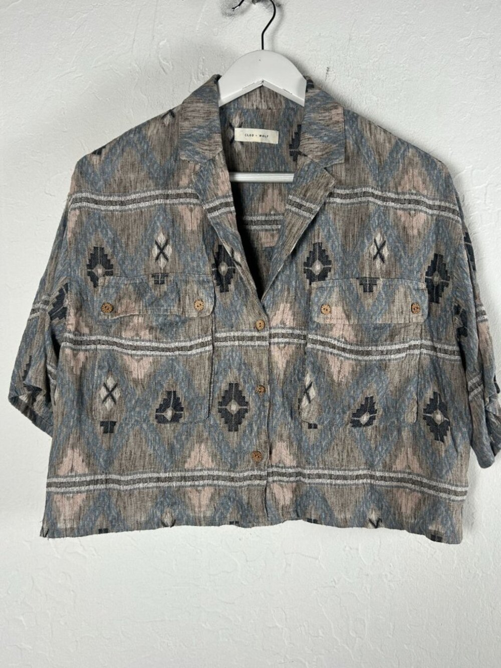 Cleo + Wolf Womens Aztec Pattern Crop Shirt Jacket Large Gray Blue Lightweight